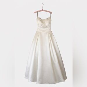 Lazaro Ivory Silk Satin Wedding Gown • Beaded Bodice • Vintage Couture Feel
